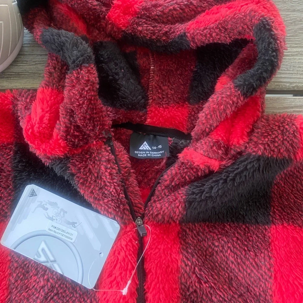 Girls Red & Black Sherpa Fleece Hooded Pullover Sweatshirt, Sz 14-15